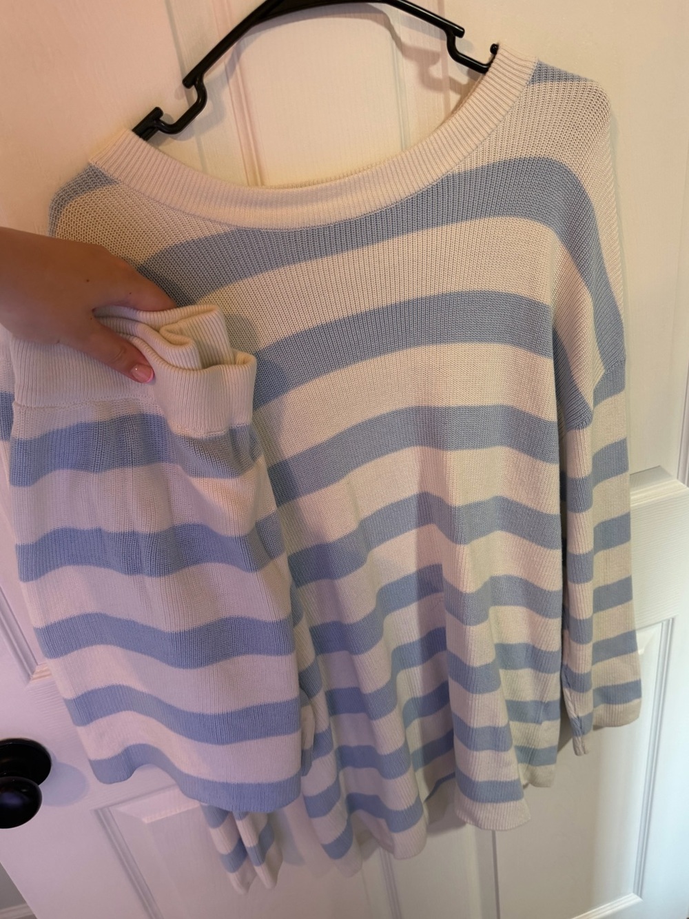 Cream & Light Blue Striped Women's Sweater Set